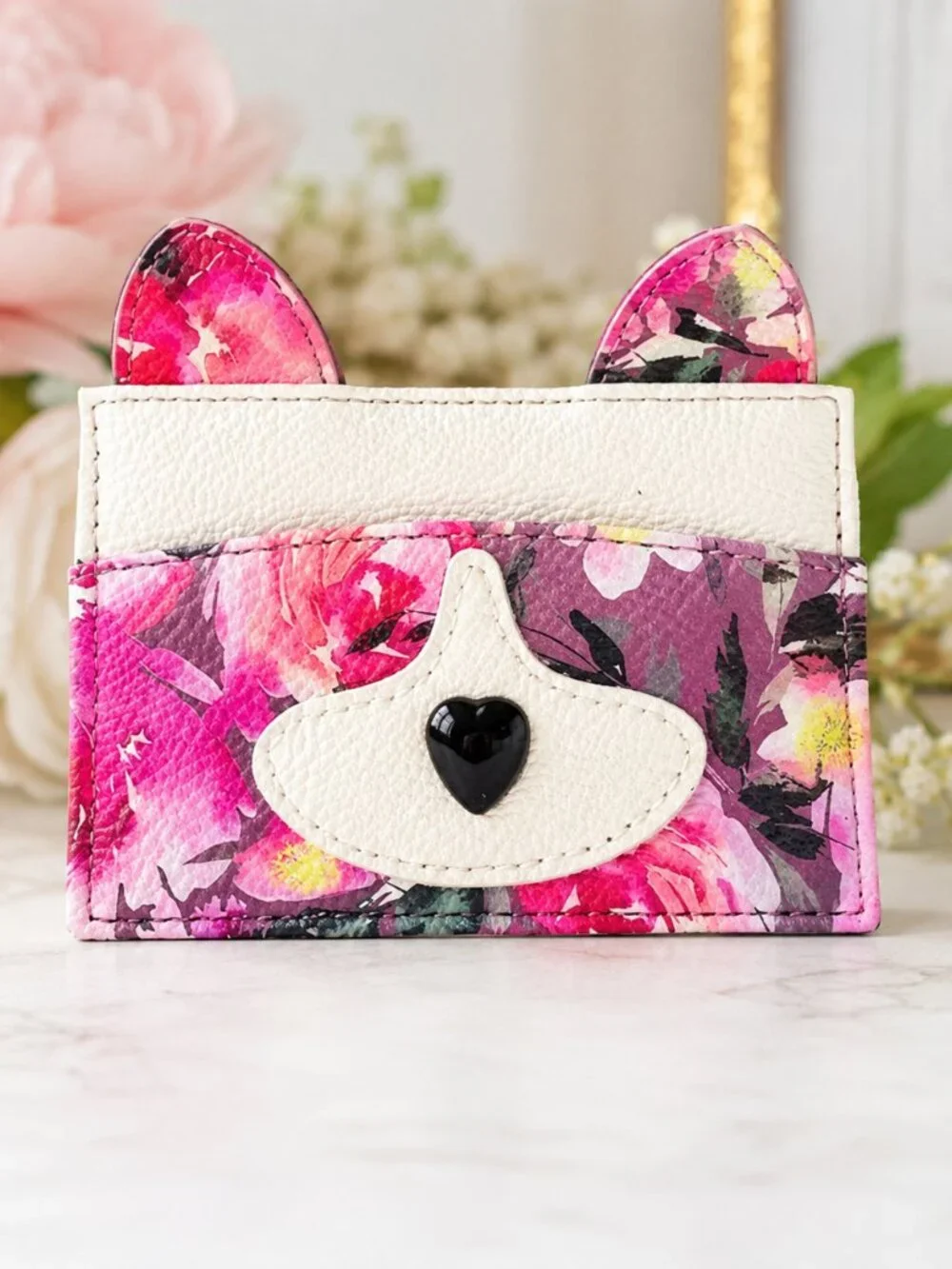 Betsey Johnson Floral Puppy Dog Card Holder Key Ring NWT